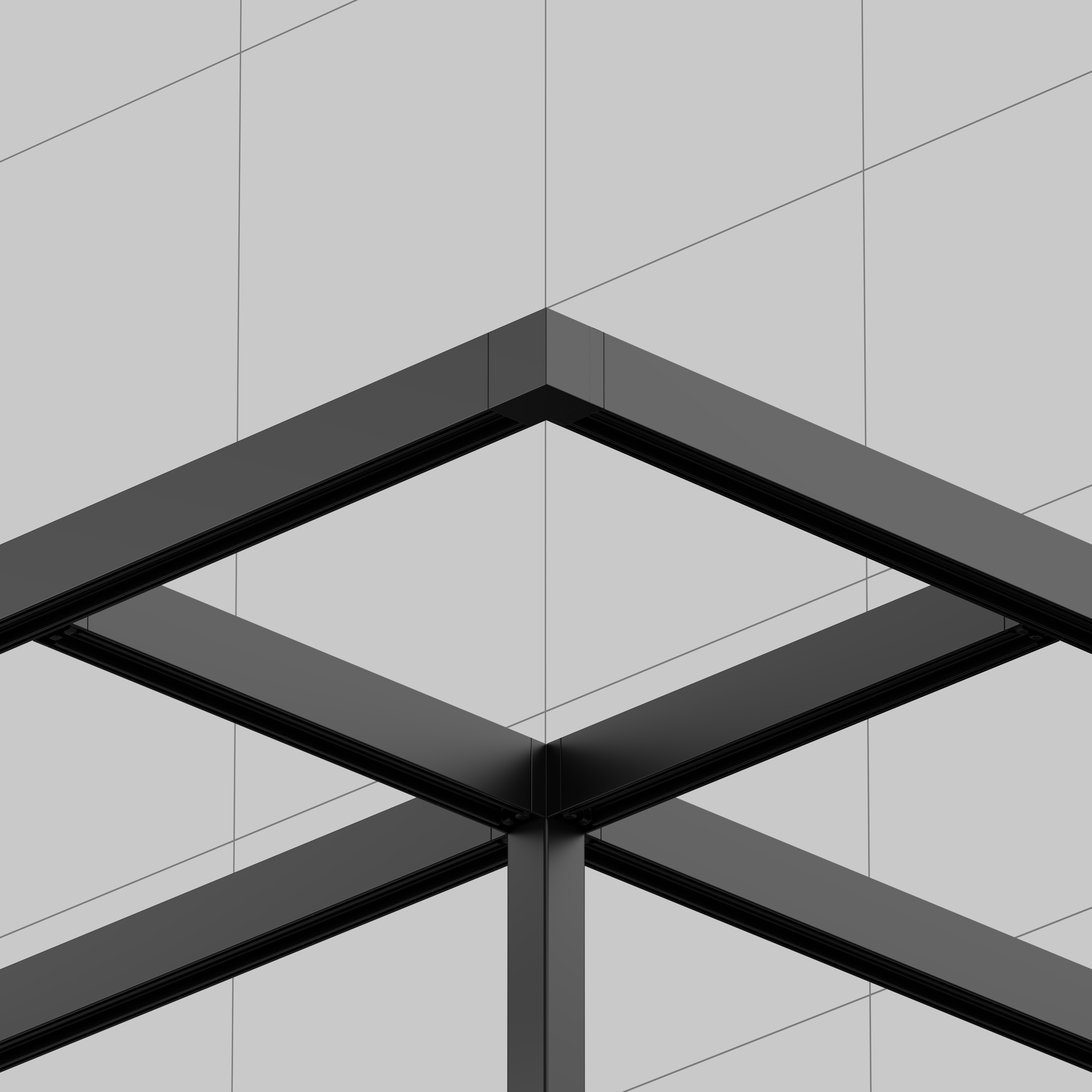 Structure en acier noire avec cadres rectangulaires et support vertical devant un mur gris clair &agrave; motif lin&eacute;aire.