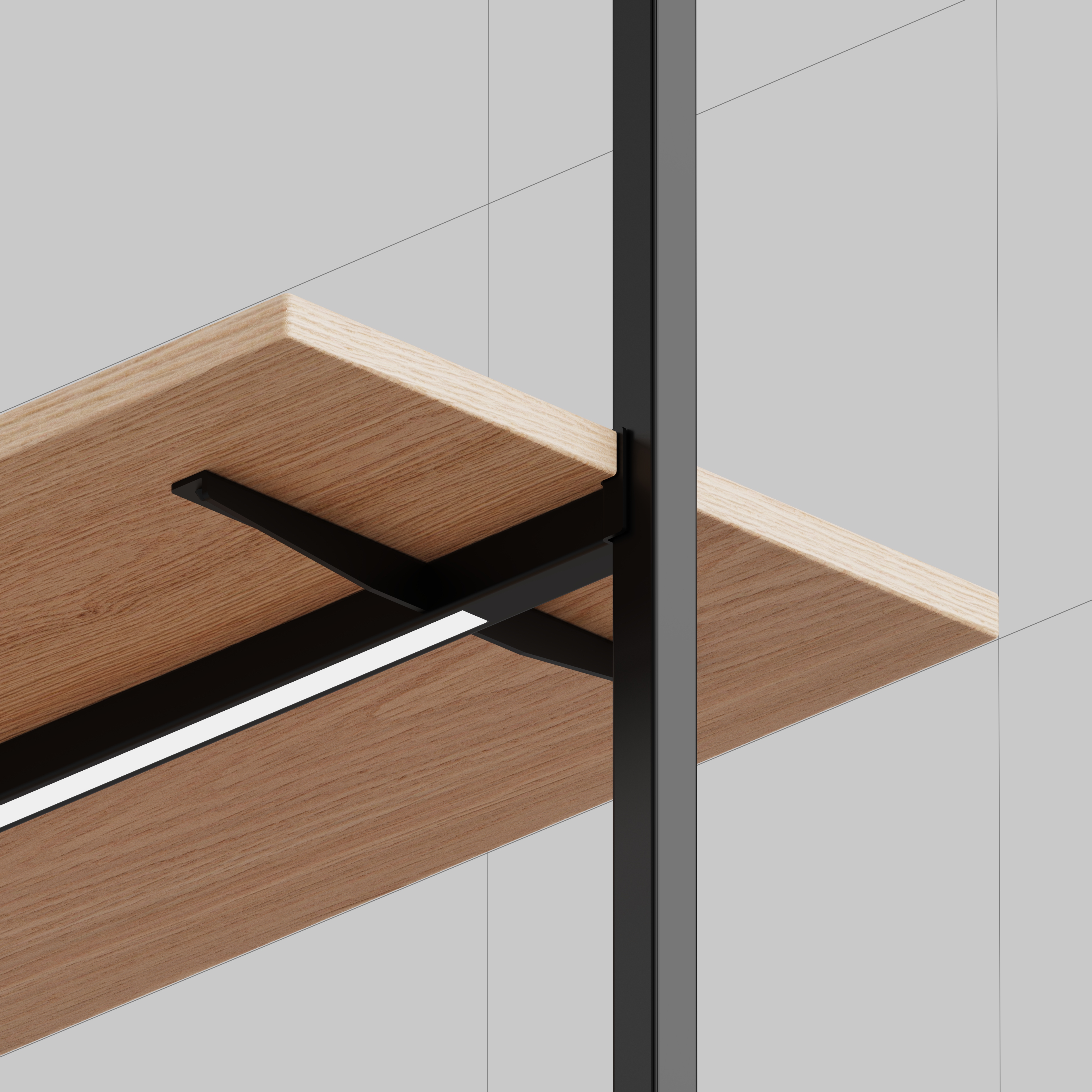 &Eacute;tag&egrave;re en bois clair avec bande LED int&eacute;gr&eacute;e, soutenue par un cadre m&eacute;tallique noir devant un mur gris.