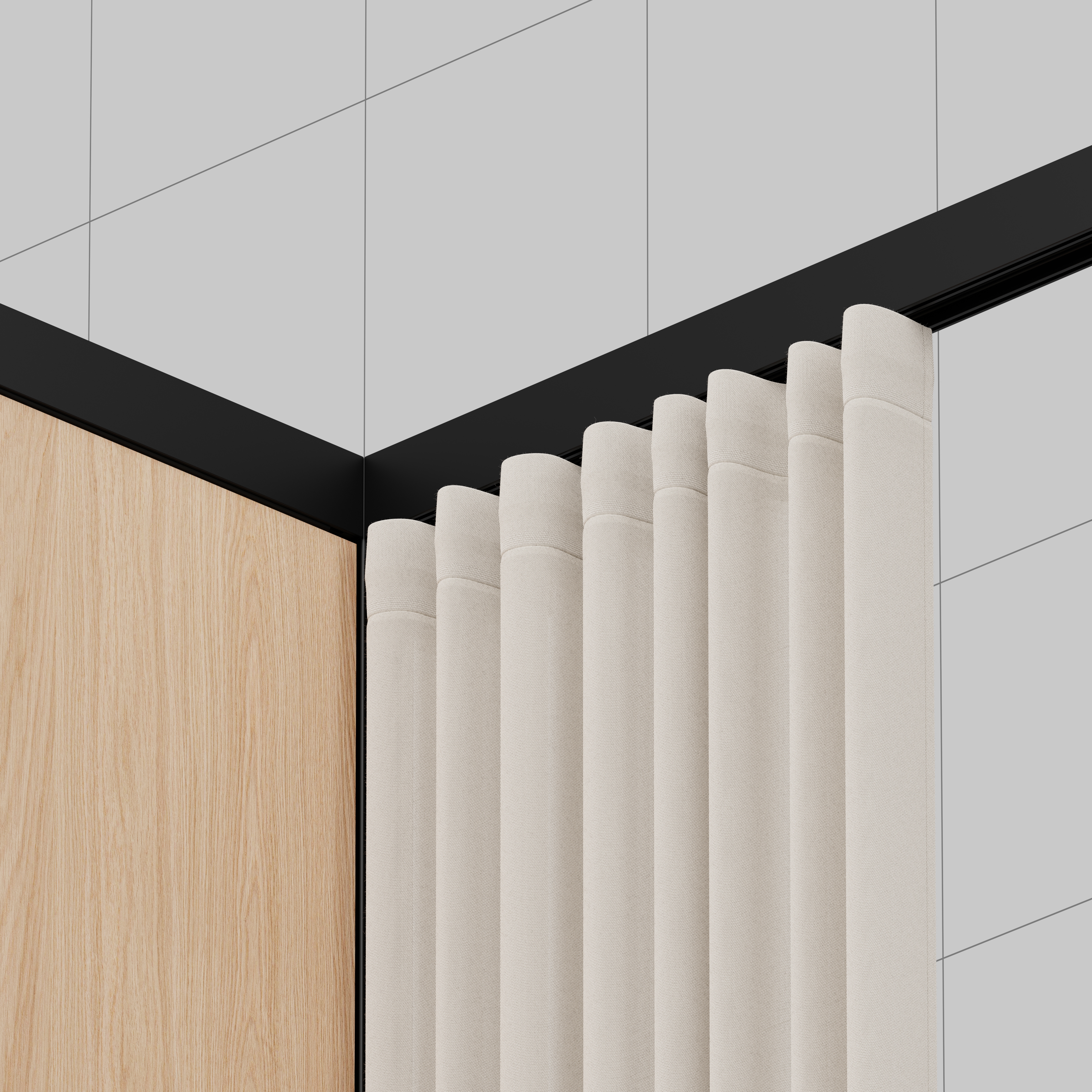 Vue d&rsquo;angle d&rsquo;un rideau blanc pli&eacute; sur une tringle noire devant un mur gris clair et un panneau en bois.